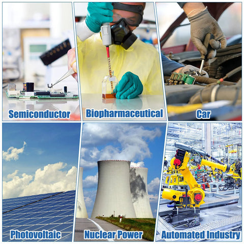 K-type temp sensor probe, 2 m, mini-connector; collage shows automotive, semiconductor, biopharma, nuclear, automation.