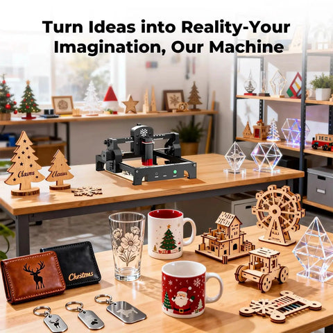 S1 Laser Engraver For DIY Makers And Small Biz, 3500mW Desktop Engraving And Cutting Machine With 130x130mm Work Area And 0.04mm Detail For Wood Acrylic And Metal, Compact Black ACMER on a workshop table surrounded by engraved items like wooden ornaments and mugs.