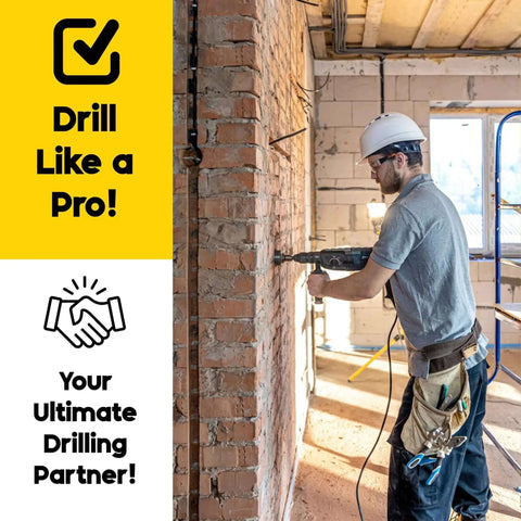 Worker using One And Three Quarters Inch SDS Plus Carbide Tipped Rotary Hammer Core Bit For Concrete Drilling 45 Millimeter Core Bit on brick wall.