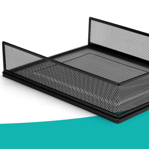 Black wire mesh letter tray from two-pack desk file organizer for office supplies, front load document trays, stackable metal desk organizer