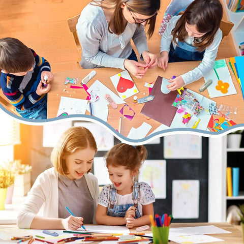 Children and adults engaged in arts and crafts activities with paper, markers, and decorations on a table.