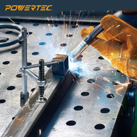 Heavy Duty Welding Clamp With T Handle, 6-1/2 Inch Opening And 3-1/4 Inch Throat Depth, used on welding table with sparking torch