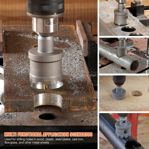 Carbide Hole Saw Kit For Metal 17 Piece Set 9/16 To 2 1/8 Inches With Tungsten Carbide HSS in use on wood, metal, and plastic surfaces.