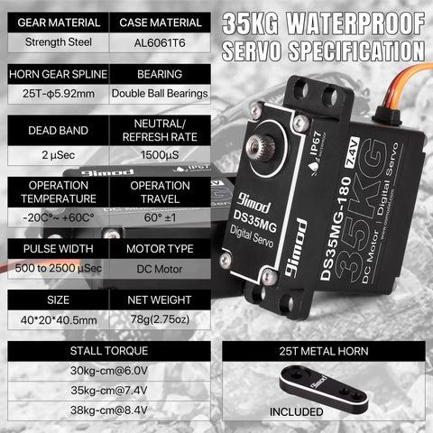 Waterproof 35Kg Beefy Torque RC Steering Servo With Full Metal Gear Digital High Speed specs with image of 25T metal horn.