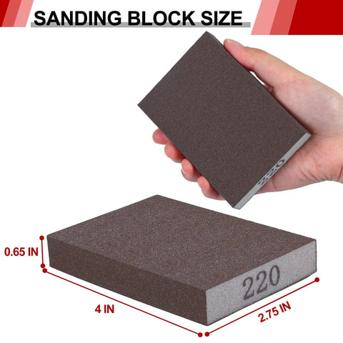 Hand holding a brown sanding block with 220 grit, dimensions shown as 4 x 2.75 x 0.65 inches. 8 Pack Washable Sanding Blocks With Assorted Grit 60 80 120 220 For Drywall.