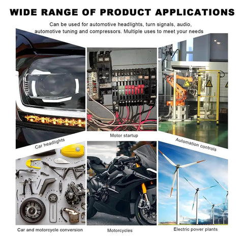 Applications of 4 Pack JD2914 Car Relay Harness 24V 40 Amp 5 Pin SPDT, shown in cars, motorcycles, automation, and wind turbines