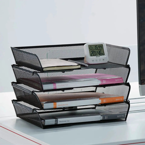 Four Tier Mesh Stackable File Trays for Desk Organization with papers and clock on top, in black metal finish, durable and expandable.