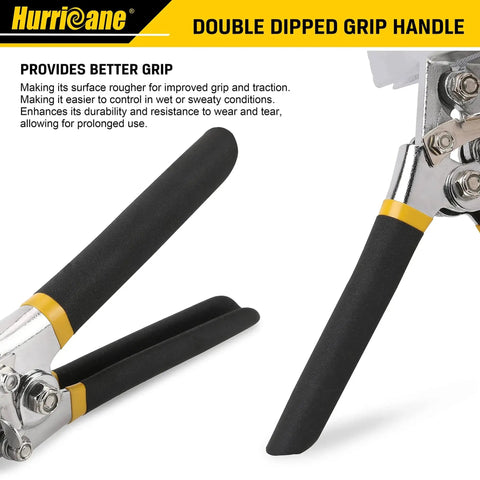 Close-up of 6 Inch Straight Jaw Sheet Metal Hand Seamer with double dipped cushion handle and non slip grip for HVAC pros.