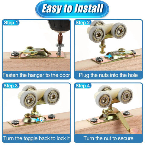 Installation steps for Pocket Door Hardware Kit For Sliding RV Doors with hanger and rollers, showing fastening and securing process.