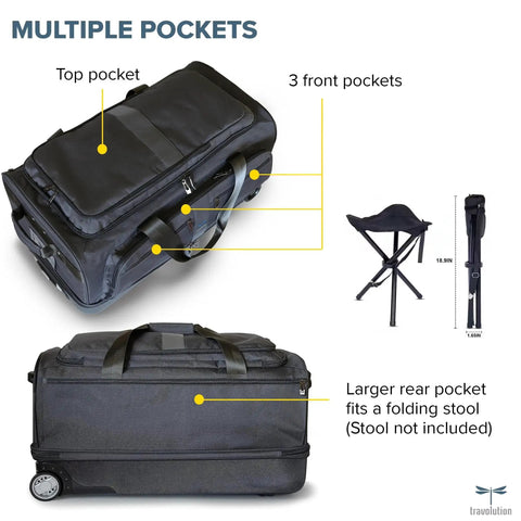 Dance Team Travel Bag With Garment Rack And Rolling Duffel 28 Inch, showing multiple pockets and stool compatibility, black and gray.