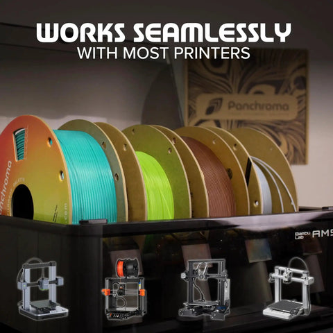 Spools of Panchroma Matte PLA Filament in various colors for FDM printers displayed in a holder, with seamless printing message.