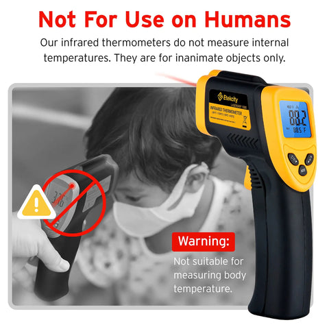 Instant Read Infrared Thermometer Laser Temp Gun For Meat BBQ Kitchen And Fridge With Adjustable Emissivity 58F To 1130F Range Max Surface Temp Display Fast 0.5s Read Etekcity held near a child's head with warning about human use.