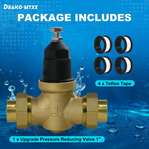 1 in NR3XL pressure reducing valve with double union FNPT connections, brass body, black cap, 4 x Teflon Tape.
