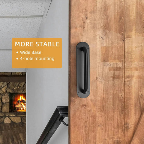 Two Pack Black Stainless Steel Barn Door Handles Hardware 11 Inch Long Heavy Duty Sliding Door Pulls For Exterior And Interior Use Rust Proof And Durable With Wide Base And Secure Four Screw Mounting installed on a wooden barn door