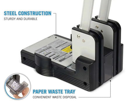 Heavy Duty Two Hole Paper Punch For 100 Sheets Of Paper With Hollow Core Technology And Samurai Steel Heads, side view with waste tray