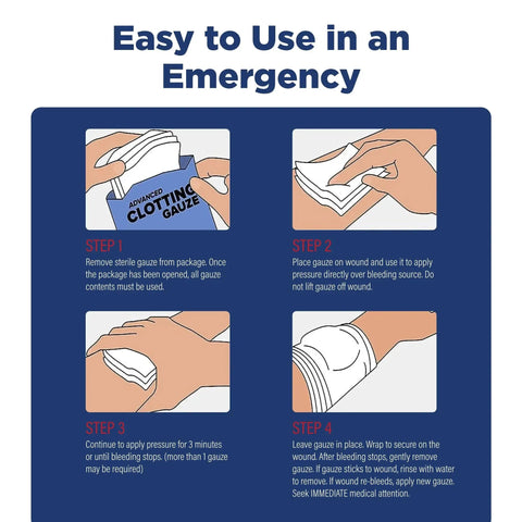Instruction guide for using Fast Bleed Clotting Gauze Kaolin Hemostatic Dressing for first aid and survival gear emergencies.