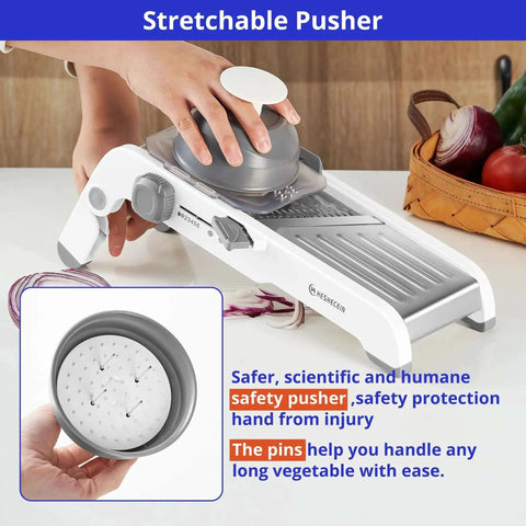 24 In 1 Mandoline Slicer With Waffle Fry Cutter Blade for fast veggie prep, showing stretchable pusher and safety feature.