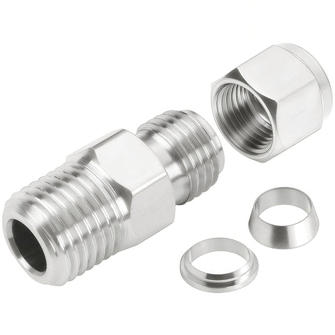 Closmos 304 stainless steel compression fitting, 3/8 in tube OD x 1/4 in NPT male, straight adapter with ferrules (2-pack)