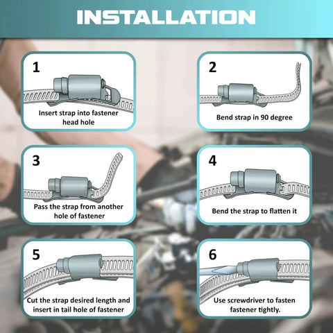 Installation steps for Cut To Fit 12 Foot 304 Stainless Steel Hose Clamp Kit with Eight Stronger Fasteners, automotive DIY use.