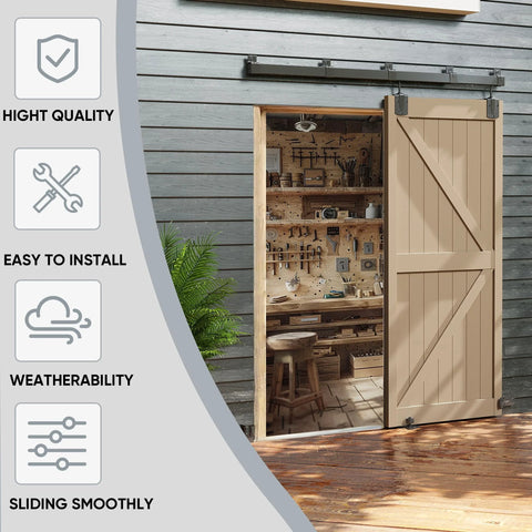 8ft Box Rail Exterior Barn Door Hardware Kit Heavy Duty Black Sliding Track System installed on wooden exterior barn door