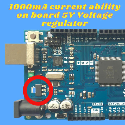 Mega 2560 R3 Arduino Board With ATmega2560 ATmega16U2 USB Serial, 5V operation, 1000mA output, 5V voltage regulator highlighted