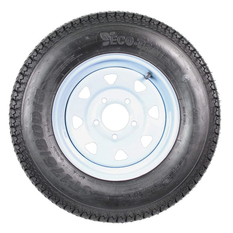2 Pack Trailer Tire And Rim Bundle With 13 Inch White Spoke Wheels, 5 Lug On 4.5 Inch Center, ST175/80D13 B78-13 Load C, 1360 Lb Capacity