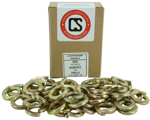 Chenango Supply Co. lock washers, 1/2 in, Grade 8, yellow zinc chromate, split-type, 50 pcs for 1/2-13 fasteners