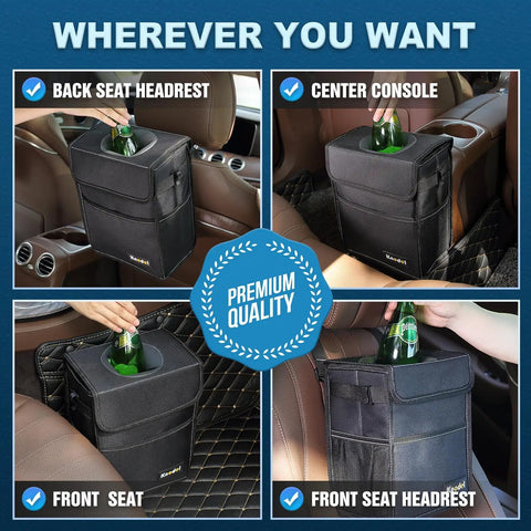 Leakproof 2 Gallon Car Trash Can With Lid Black Waterproof Organizer For Cars With Adjustable Straps mounted in various car locations.