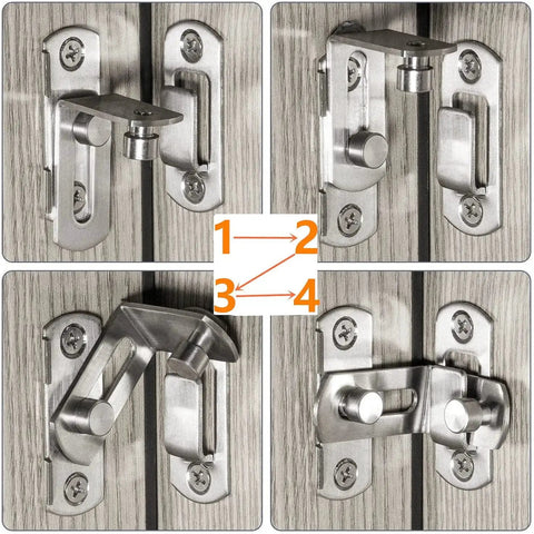 Four views of a 90 Degree Stainless Steel Sliding Door Latch For Barn Doors And Cabinets, Safety Locking Mechanism, installed on wooden doors.