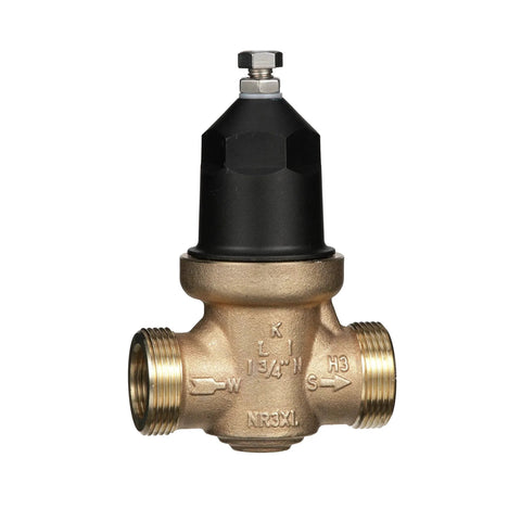 Front view of One And A Quarter Inch NR3XL Pressure Reducing Valve With Double Union FNPT Connection For Potable Water Cartridge Loaded Design Built To Last Tailpiece Options Include Threaded PEX Copper Sweat CPVC Stainless Steel Strainer By Zurn Wilkins