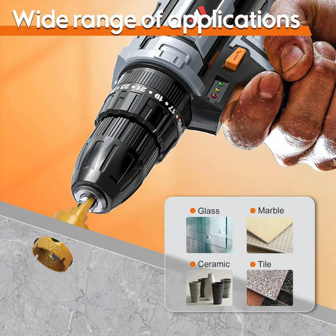 Diamond Hole Saw Kit For Glass Ceramic Tile Marble And Porcelain For DIYers And Pros, showing drill and materials.
