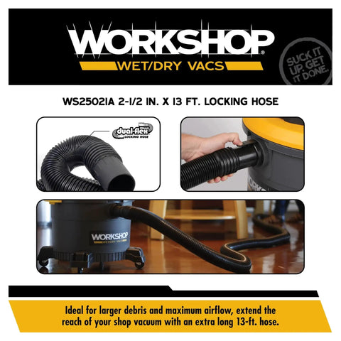 Long Two And A Half Inch By Thirteen Foot Locking Wet And Dry Shop Vacuum Hose With Dual Flex Ends attached to vacuum