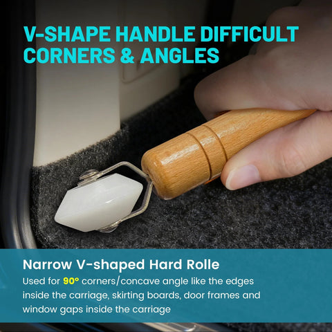 NuIth car sound-deadening roller with wooden handle and narrow V-shaped head; white wheel with bearings