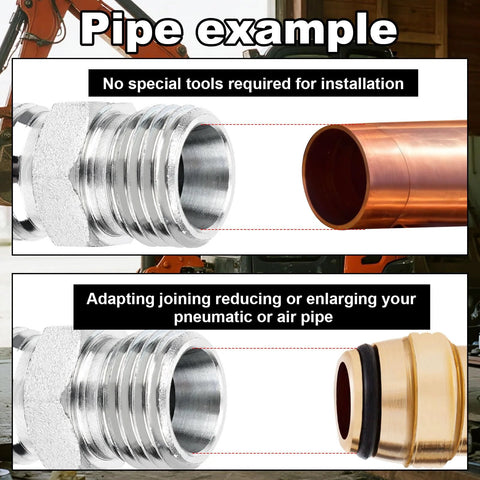 Two silver M14 to M14 carbon steel hydraulic hose adapters with brass coupling for heavy equipment
