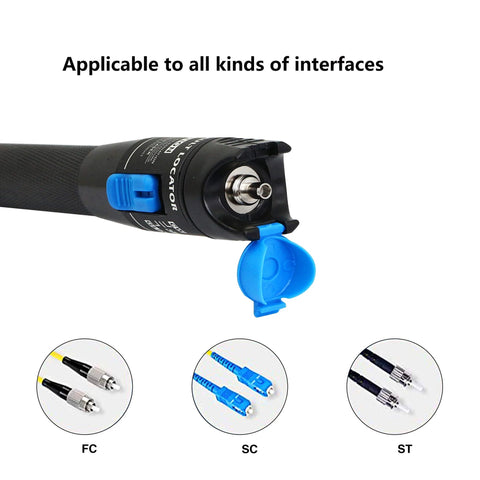 SinLoon Visual Fault Locator pen with blue flip cap, fiber optic tester for 2.5mm connectors, shown with FC/SC/ST