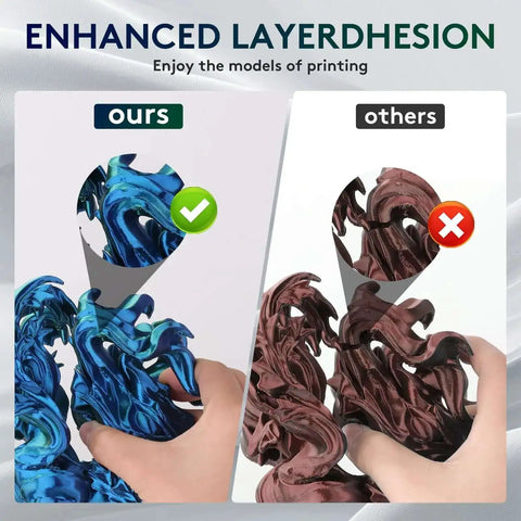 Comparison of layer adhesion in 3D prints: blue-green Silk Dual Color PLA Filament vs brown filament, focus on enhanced finish.
