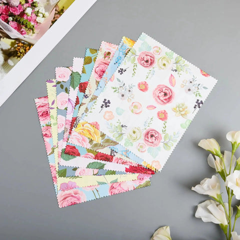 Microfiber Cleaning Cloths 6x7 Inches Multicolor Flower Pattern For Eyeglasses, set of 8 floral cloths displayed on a gray surface.