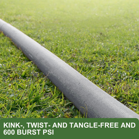 GUKOK 100 ft non-expanding garden hose on grass; gray braided exterior.