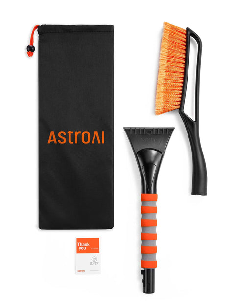 27 Inch Snow Brush And Ice Scraper For Cars Trucks And SUVs With Detachable Handle And Ergonomic Foam Grip Heavy Duty ABS Frame And PVC Brush Bright Orange For Fast Snow And Ice Removal with storage pouch.