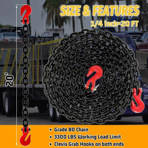 One Quarter Inch Log Chain, Twenty Foot Heavy Duty G80 Chain With G70 Clevis Grab Hooks, EP Black, 3300 Lbs Safety Load