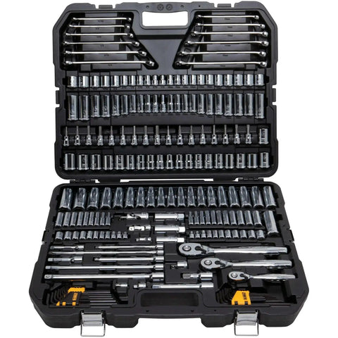 Open case of All In One 204 Piece Mechanics Tool Set with Quarter Inch, Three Eighths Inch, and Half Inch Drives, sockets and wrenches.
