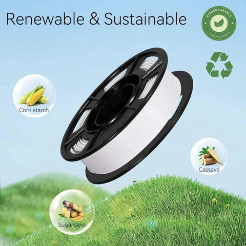 Black spool of white Regular PLA Filament 1.75mm 53mm 250g against a sustainable background with corn starch and cassava icons.