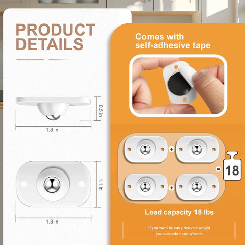 8 Pack Self Adhesive Appliance Casters Wheels shown with dimensions and load capacity, 360 Degree Swivel Universal Rollers for Kitchen Appliances