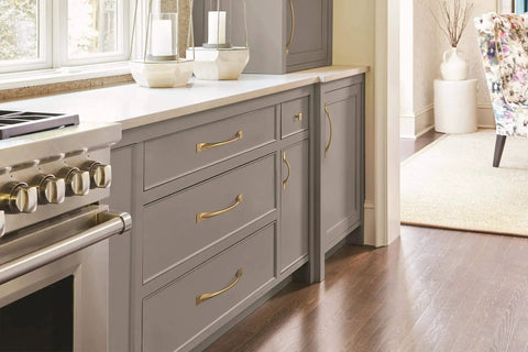 Kitchen with Champagne Bronze Uprise Cabinet Pull For Kitchen And Bath, Six And Five Eighths Inches Overall Length on gray cabinets
