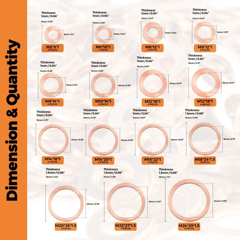 Crush Flat Copper Washers Set With 120 Pieces In 15 Metric Sizes M5 M24 For Oil Plugs Drain Plugs Banjo Bolts Automotive Plumbing DIY