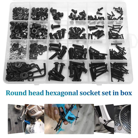 580 Piece Hex Socket Cap Screws Set With Nuts And Flat Washers, M2 M3 M4 M5 Sizes in labeled storage box