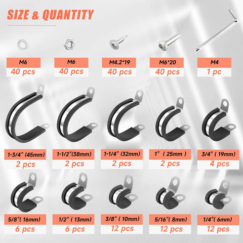 WYSIWYKA 60pc P-clamp kit, stainless steel with rubber cushions for tube, pipe and wire installation; 10 sizes.