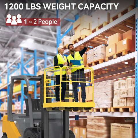 Workers standing on 36x36 Forklift Safety Cage 1200 Lb Heavy Duty Collapsible Work Platform in warehouse setting