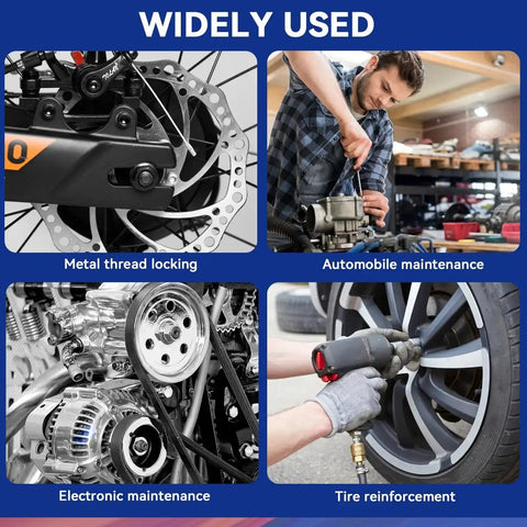 Various uses of Blue And Red Thread Locker Kit For Nuts Bolts And Metal Fasteners, Medium And High Strength in automotive, metal, and electronic maintenance.