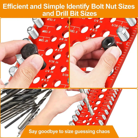 Nut And Bolt Thread Checker For Quick Sizing With 19 SAE Standard And 17 Metric Thread Sizes Plus 19 Drill Bit Gauges shown in use